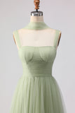 Dusty Sage A-Line Pleated Tulle Long Bridesmaid Dress with Streamer