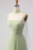Dusty Sage A-Line Pleated Tulle Long Bridesmaid Dress with Streamer