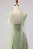 Dusty Sage A-Line Pleated Tulle Long Bridesmaid Dress with Streamer