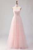 Blushing Pink A Line Strapless Tulle Long Bridesmaid Dress with Streamer