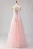 Blushing Pink A Line Strapless Tulle Long Bridesmaid Dress with Streamer