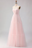 Blushing Pink A Line Strapless Tulle Long Bridesmaid Dress with Streamer