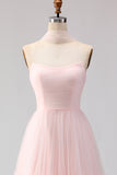 Blushing Pink A Line Strapless Tulle Long Bridesmaid Dress with Streamer