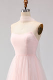 Blushing Pink A Line Strapless Tulle Long Bridesmaid Dress with Streamer