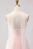 Blushing Pink A Line Strapless Tulle Long Bridesmaid Dress with Streamer