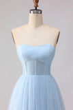 Blue Strapless Chiffon A Line Corset Long Bridesmaid Dress