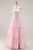 Blushing Pink A Line Strapless Chiffon Long Bridesmaid Dress with Slit