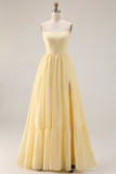 Lemon Sorbet Chiffon Strapless A-Line Corset Long Bridesmaid Dress with Slit