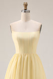 Lemon Sorbet Chiffon Strapless A-Line Corset Long Bridesmaid Dress with Slit