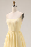 Lemon Sorbet Chiffon Strapless A-Line Corset Long Bridesmaid Dress with Slit