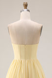 Lemon Sorbet Chiffon Strapless A-Line Corset Long Bridesmaid Dress with Slit