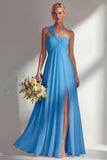 Lemon Sorbet A Line Chiffon Convertible Long Bridesmaid Dress with Slit