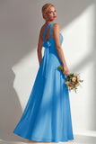 Lemon Sorbet A Line Chiffon Convertible Long Bridesmaid Dress with Slit