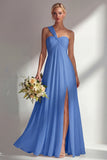 Lemon Sorbet A Line Chiffon Convertible Long Bridesmaid Dress with Slit