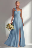 Lemon Sorbet A Line Chiffon Convertible Long Bridesmaid Dress with Slit