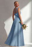 Lemon Sorbet A Line Chiffon Convertible Long Bridesmaid Dress with Slit