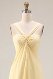 Lemon Sorbet A Line Chiffon Convertible Long Bridesmaid Dress with Slit