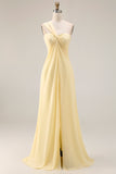 Lemon Sorbet A Line Chiffon Convertible Long Bridesmaid Dress with Slit