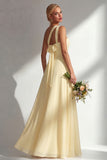 Lemon Sorbet A Line Chiffon Convertible Long Bridesmaid Dress with Slit