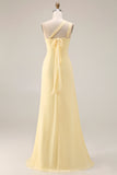 Lemon Sorbet A Line Chiffon Convertible Long Bridesmaid Dress with Slit