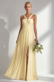 Lemon Sorbet A Line Chiffon Convertible Long Bridesmaid Dress with Slit