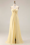 Lemon Sorbet A Line Chiffon Convertible Long Bridesmaid Dress with Slit