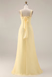 Lemon Sorbet A Line Chiffon Convertible Long Bridesmaid Dress with Slit