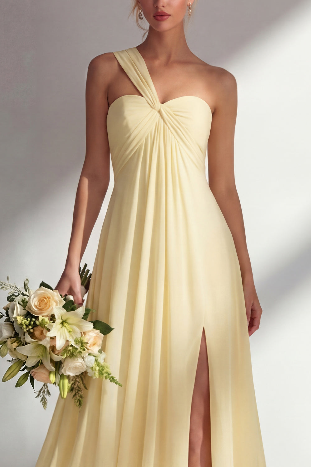 ZAPAKA Women Lemon Sorbet Long Bridesmaid Dress with Slit A Line Chiffon  Convertible Wedding Party Dress