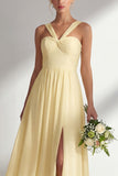 Lemon Sorbet A Line Chiffon Convertible Long Bridesmaid Dress with Slit