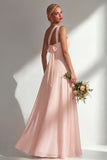 Lemon Sorbet A Line Chiffon Convertible Long Bridesmaid Dress with Slit