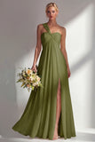 Lemon Sorbet A Line Chiffon Convertible Long Bridesmaid Dress with Slit
