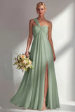 Lemon Sorbet A Line Chiffon Convertible Long Bridesmaid Dress with Slit