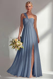Lemon Sorbet A Line Chiffon Convertible Long Bridesmaid Dress with Slit