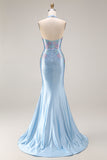 Sparkly Light Blue Beaded Satin V Neck Mermaid Long Prom Dress with Slit