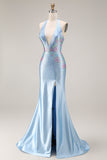 Sparkly Light Blue Beaded Satin V Neck Mermaid Long Prom Dress with Slit