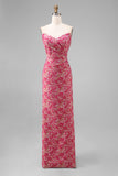 Fuchsia Floral Sheath Sweetheart Ruched Long Bridesmaid Dress with Slit