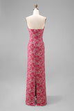 Fuchsia Floral Sheath Sweetheart Ruched Long Bridesmaid Dress with Slit