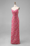 Fuchsia Floral Sheath Sweetheart Ruched Long Bridesmaid Dress with Slit