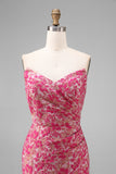 Fuchsia Floral Sheath Sweetheart Ruched Long Bridesmaid Dress with Slit