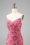 Fuchsia Floral Sheath Sweetheart Ruched Long Bridesmaid Dress with Slit