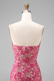 Fuchsia Floral Sheath Sweetheart Ruched Long Bridesmaid Dress with Slit