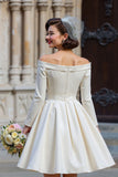 Off the Shoulder White A Line Short Wedding Dress with Long Sleeves