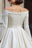 Off the Shoulder White A Line Short Wedding Dress with Long Sleeves