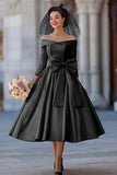 Ivory Corset Off the Shoulder Midi Wedding Dress with Detachable Bow