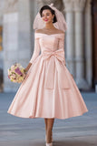 Ivory Corset Off the Shoulder Midi Wedding Dress with Detachable Bow