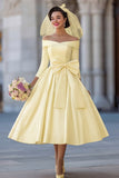 Ivory Corset Off the Shoulder Midi Wedding Dress with Detachable Bow
