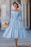 Ivory Corset Off the Shoulder Midi Wedding Dress with Detachable Bow