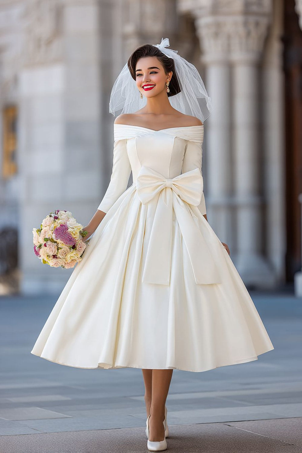 ZAPAKA Women Ivory Corset Off the Shoulder Midi Wedding Dress with Detachable Bow A Line Ruched Satin Bridal Shower Dress with 3/4 Sleeves, Ivory / ZAPAKA Women Ivory Corset Off the Shoulder Midi Wedding Dress with Detachable Bow A Line Ruched Satin Bridal Shower Dress with 3/4 Sleeves, Ivory /