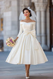 Ivory Corset Off the Shoulder Midi Wedding Dress with Detachable Bow