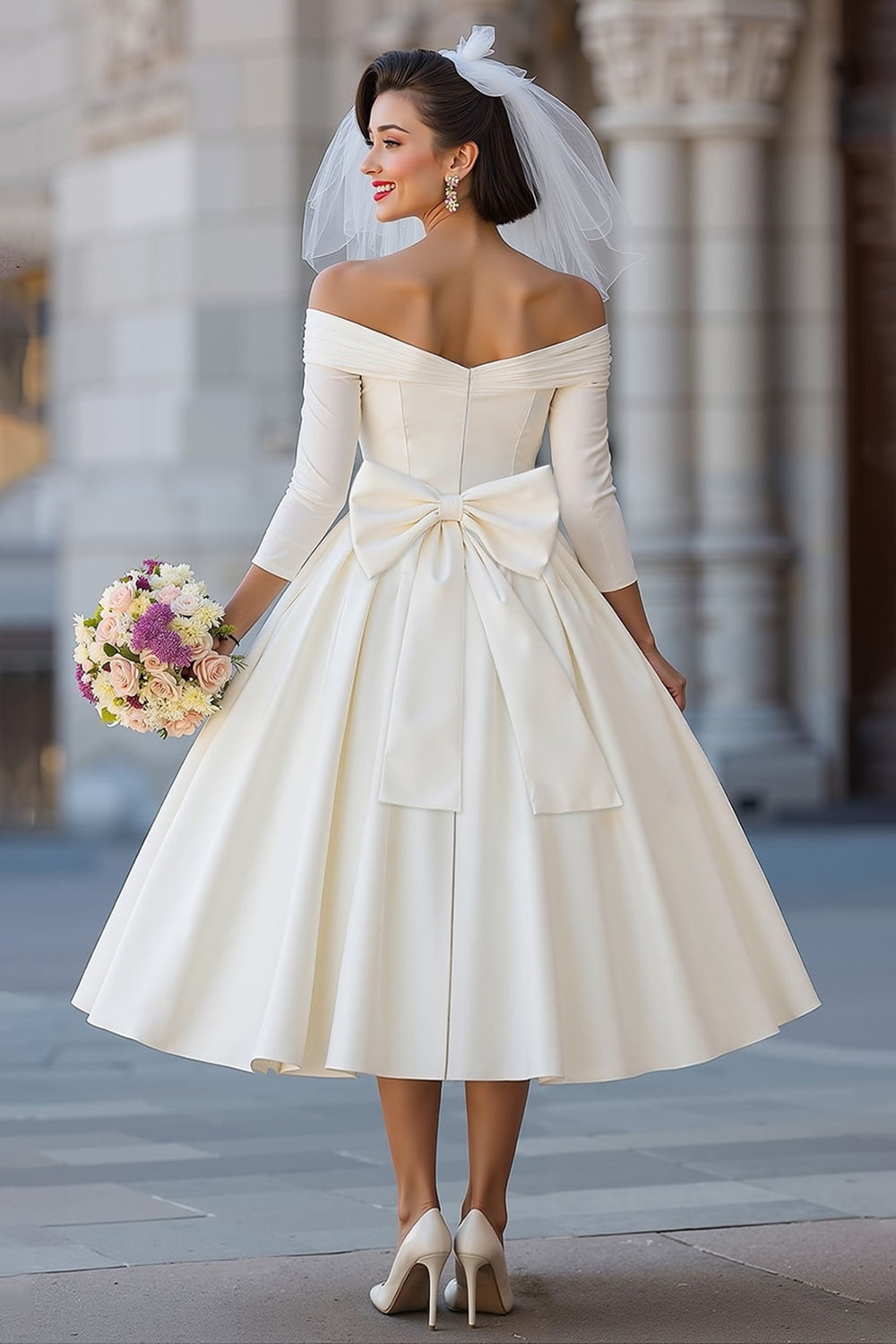 ZAPAKA Women Ivory Corset Off the Shoulder Midi Wedding Dress with Detachable Bow A Line Ruched Satin Bridal Shower Dress with 3/4 Sleeves, Ivory / ZAPAKA Women Ivory Corset Off the Shoulder Midi Wedding Dress with Detachable Bow A Line Ruched Satin Bridal Shower Dress with 3/4 Sleeves, Ivory /